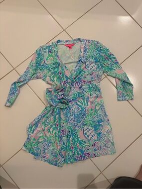 Lilly Pulitzer Girls Floral Wrap Romper in Blue, Green & Pink